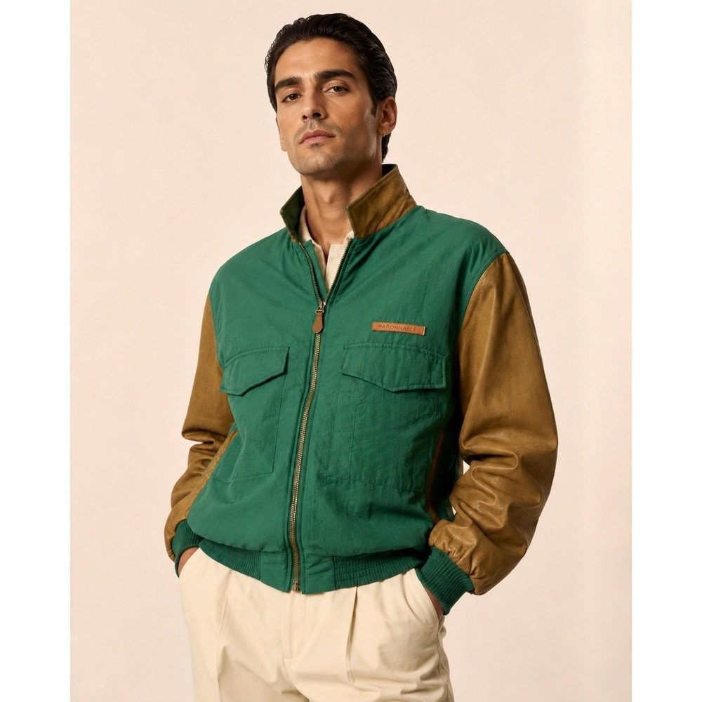 VTG Faconnable Albert Goldberg Bomber Jacket L‎ Green Leather Sleeve Gorpcore